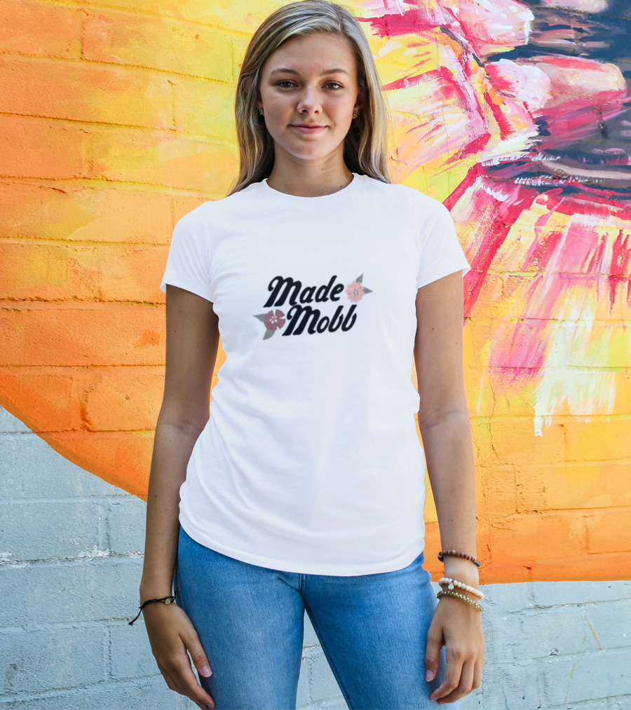 Made Mobb Floral Text With Red Orange Flowers T-Shirt