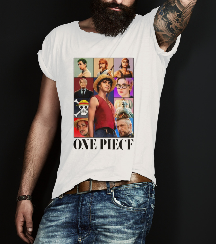 One Piece Characters Collage With Skull And Straw Hat T-Shirt