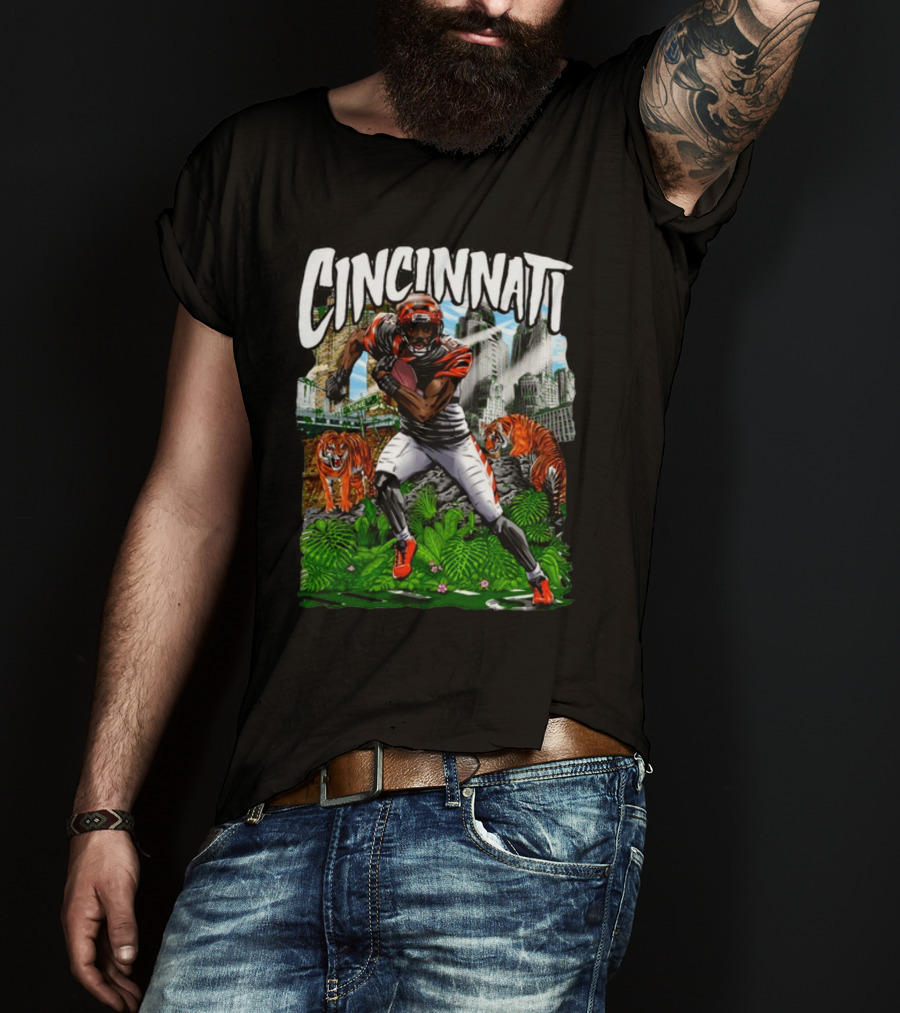 Cincinnati Jungle Football Player With Tigers And City Skyline T-Shirt