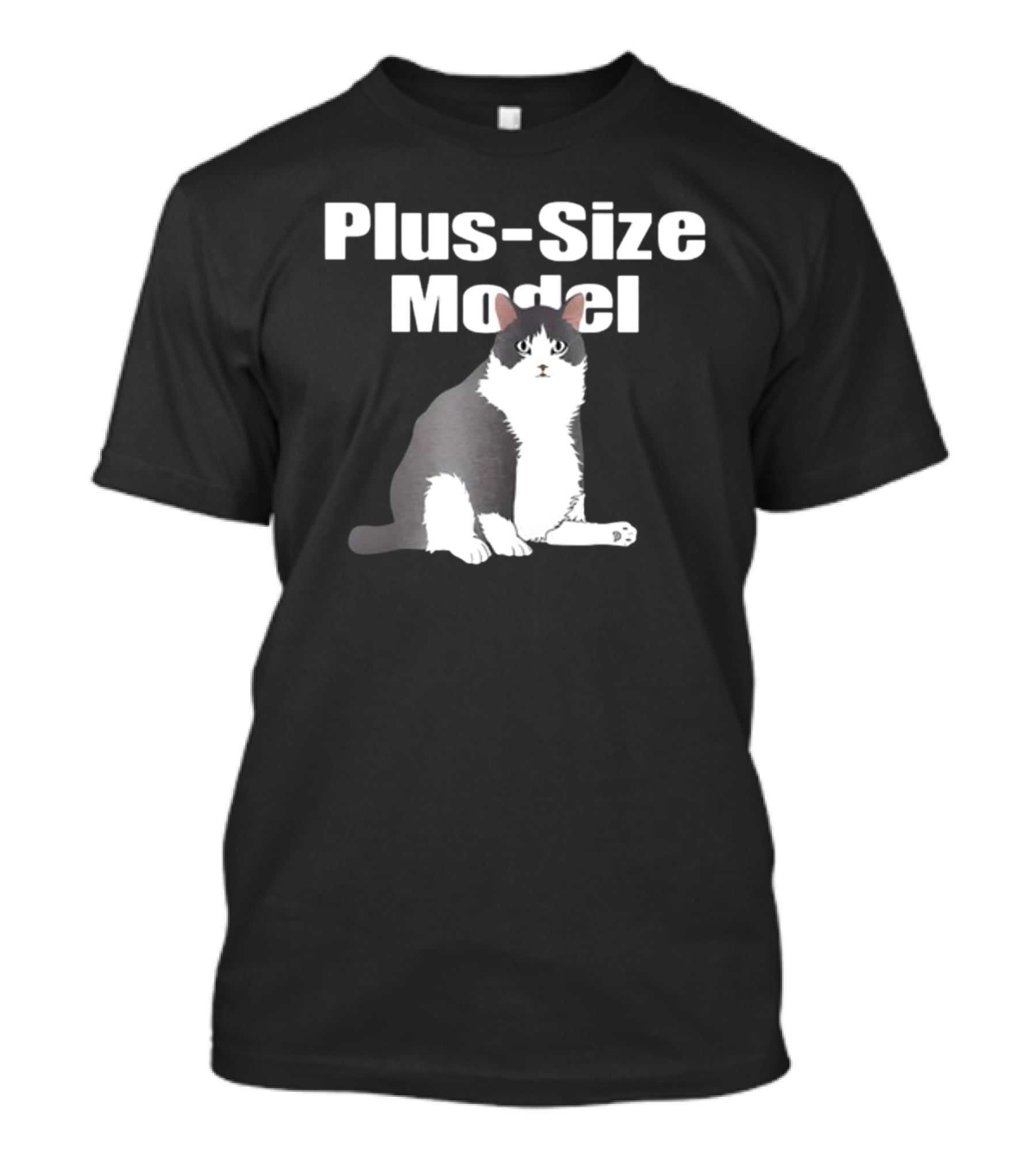 Plus-Size Model Cade Cat White Text Black Background Sitting Gray And White Cat Image T-Shirt