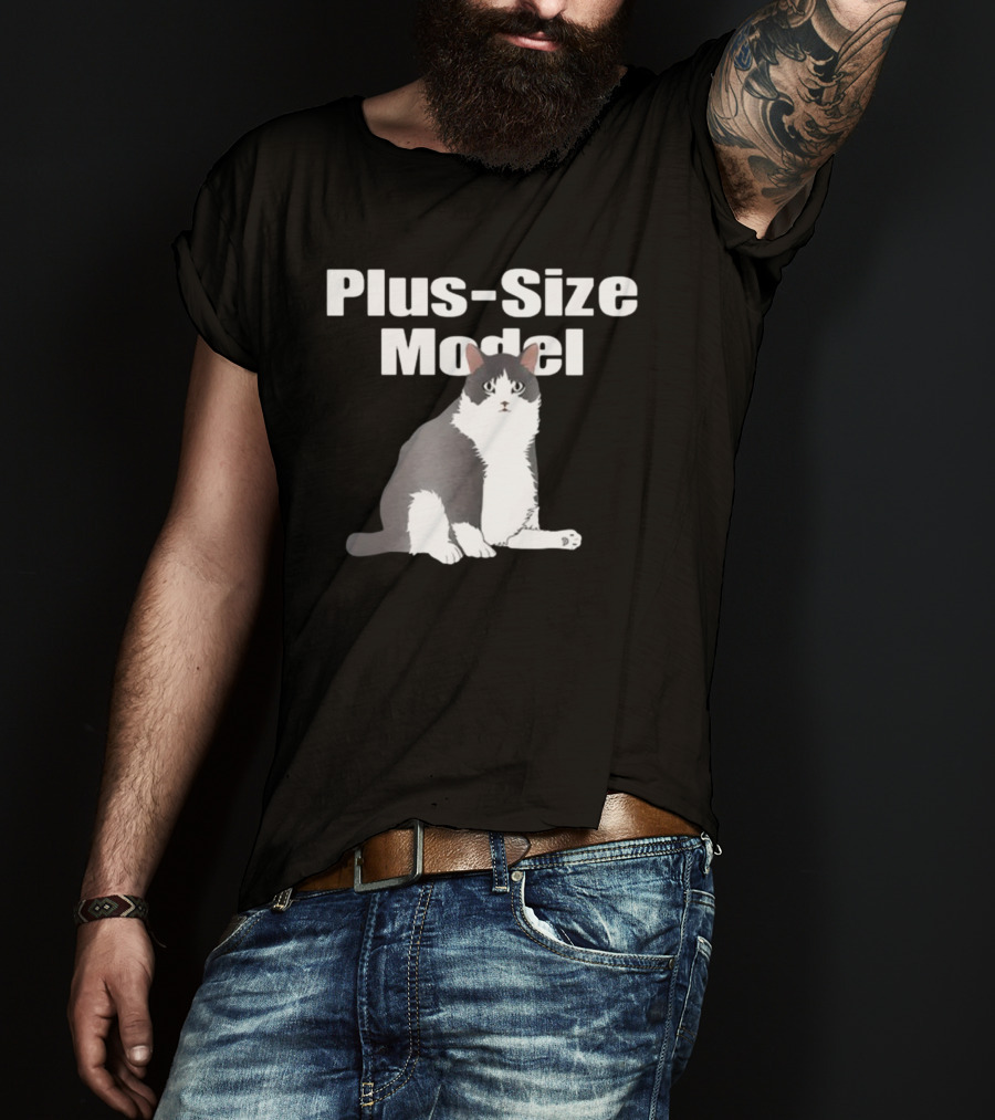 Plus-Size Model Cade Cat White Text Black Background Sitting Gray And White Cat Image T-Shirt