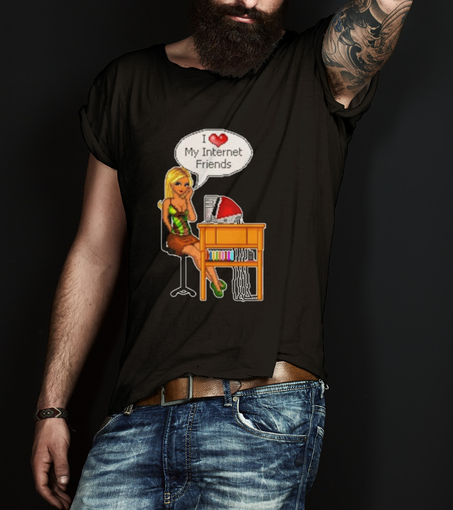 Cherrykitten I Love My Internet Friends Y2K Vintage Blonde Girl At Desk Pixel T-Shirt