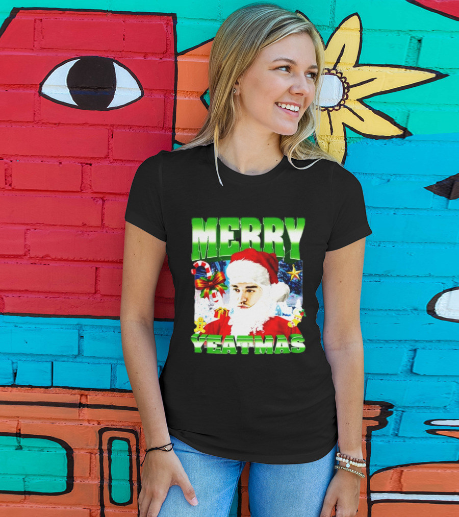 Memeabletees Merry Yeatmas Santa Claus Candy Canes And Snowflakes T-Shirt