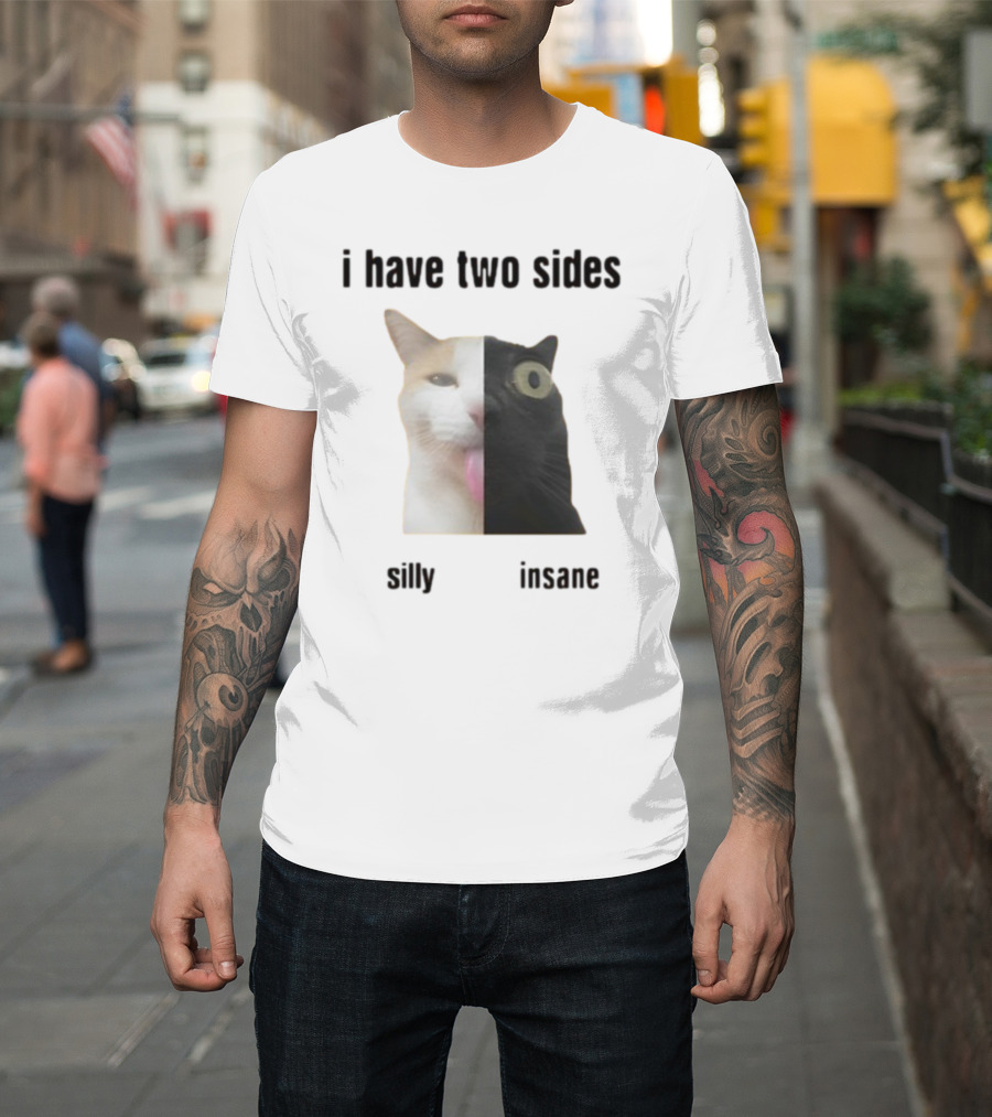 I Have Two Sides Silly Insane Cat Face Split T-Shirt
