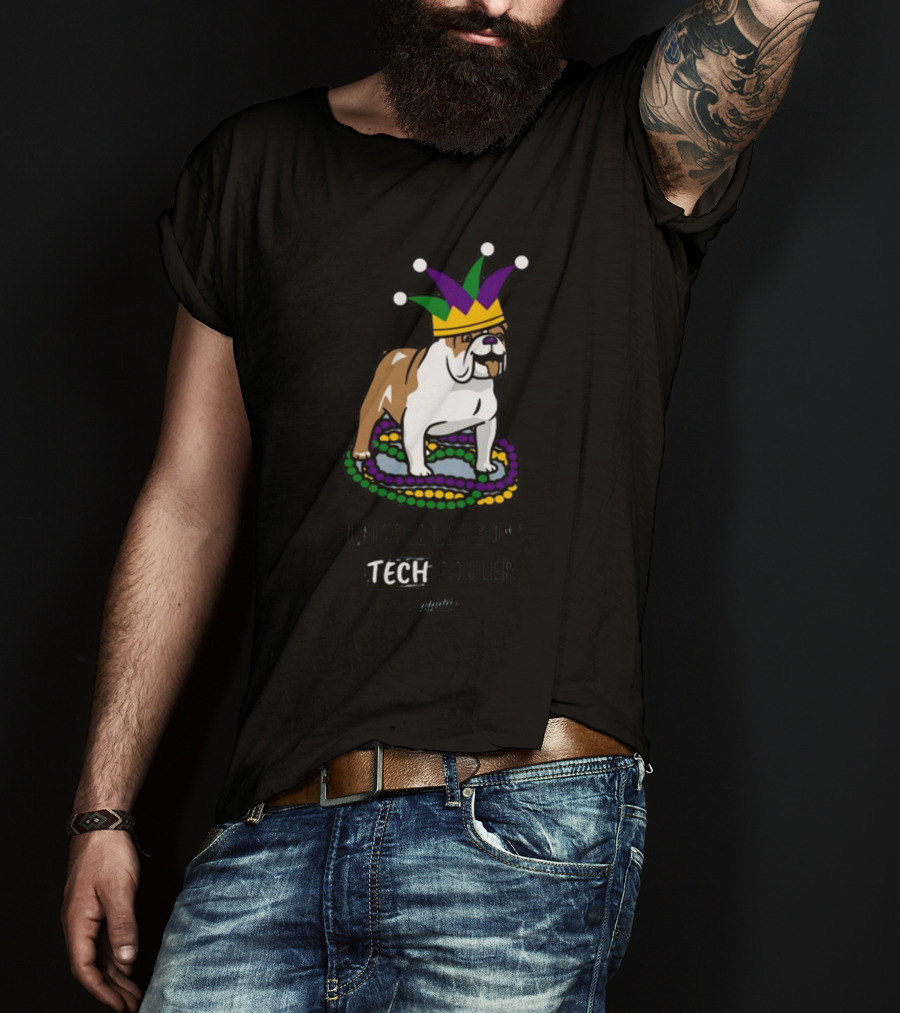 Laissez Les Bons Tech Rouler Bulldog With Mardi Gras Beads And Jester Hat Glitch T-Shirt