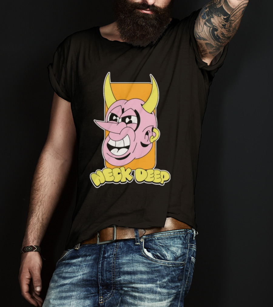 NeckDeepUK Neck Deep Cartoon Devil Face Yellow Horns Pink Head T-Shirt