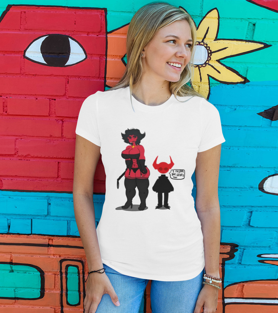 Thewboy Red Character With Devil Horns I Think She Likes You T-Shirt