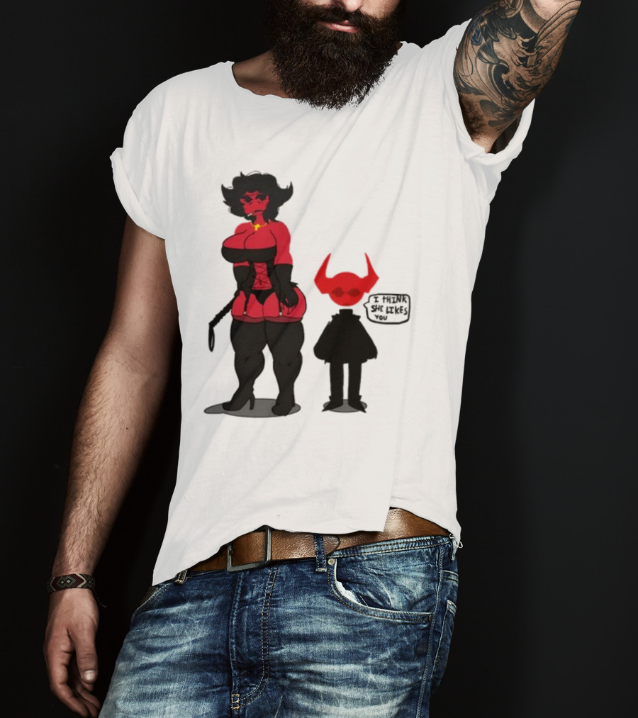 Thewboy Red Character With Devil Horns I Think She Likes You T-Shirt