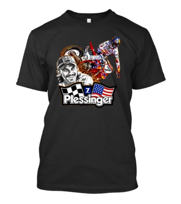 Plessinger American Motocross Racer With Flags And Checkered T-Shirt
