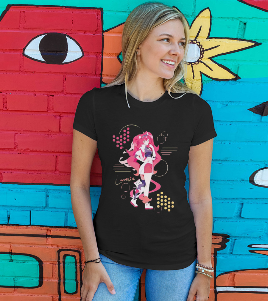 Lunaria Streetwear Pink Hair Girl With Cat And Circles T-Shirt