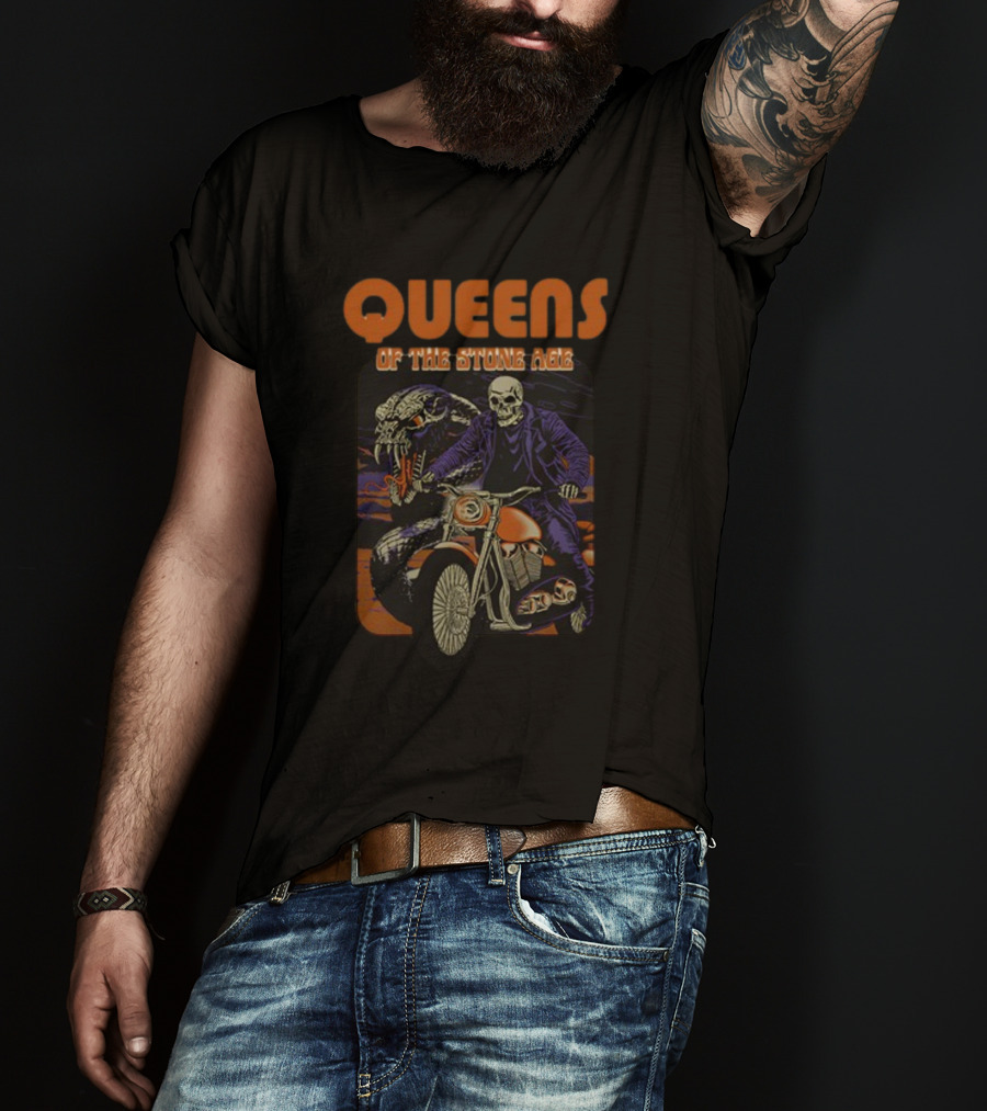 Queens Of The Stone Age Skeleton Biker With Snake Background T-Shirt
