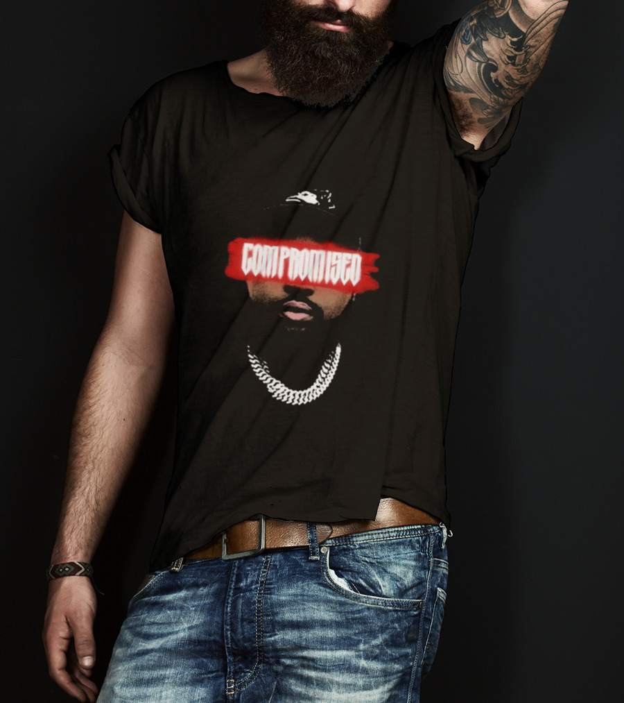 Compromised Red Text Mask Black Cap Chain T-Shirt