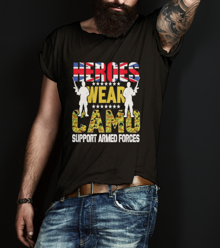 Heroes Wear Camo Support Armed Forces UK Flag T-Shirt