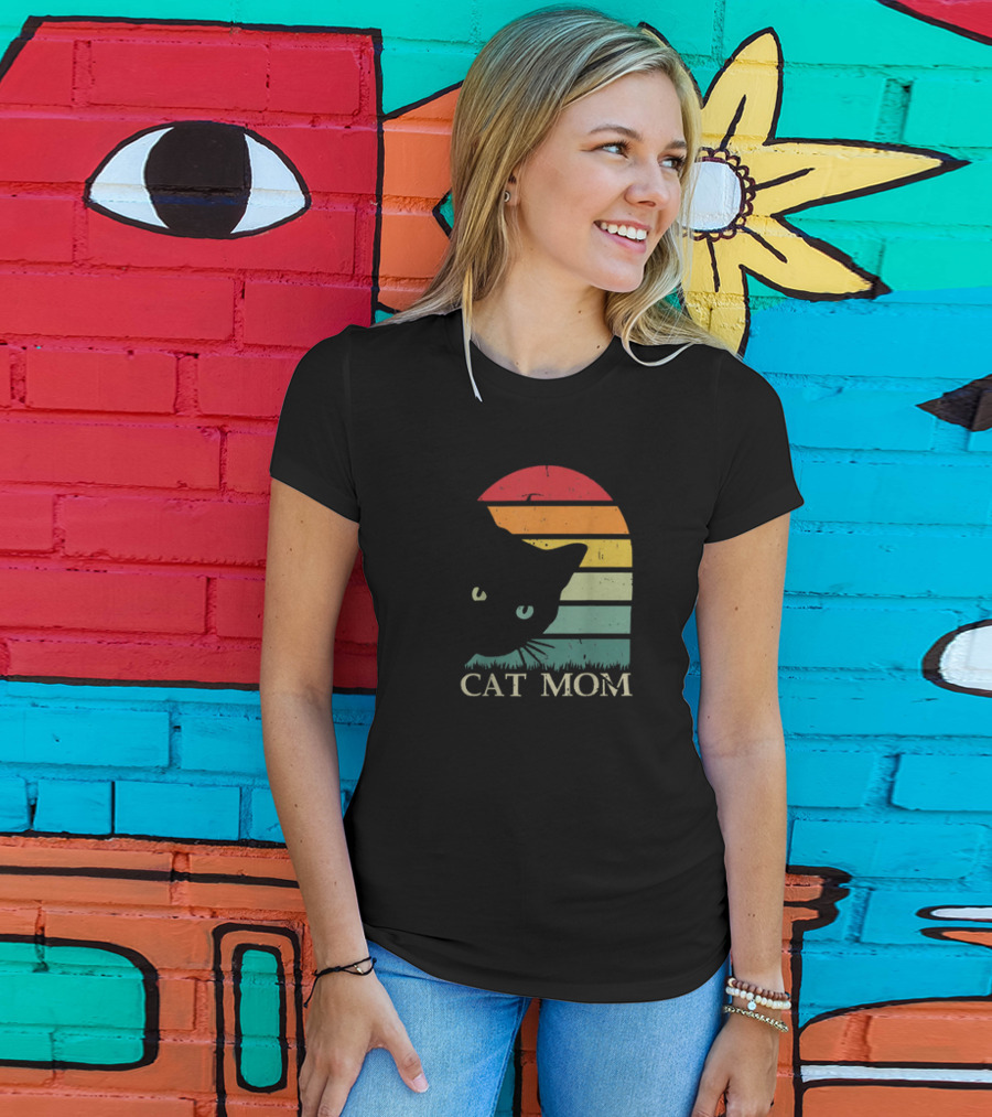 Vintage Cat Mom For Women Funny Cat Mom Mother Retro Sunset Cat T-Shirt