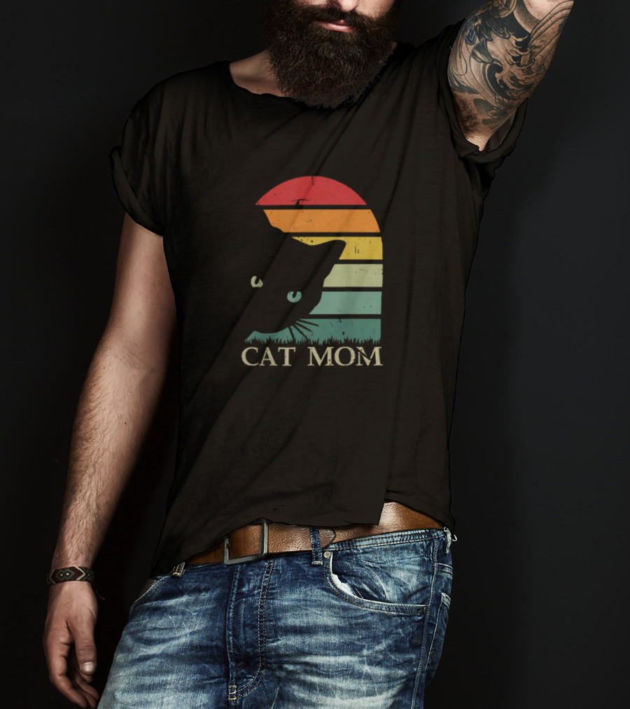 Vintage Cat Mom For Women Funny Cat Mom Mother Retro Sunset Cat T-Shirt