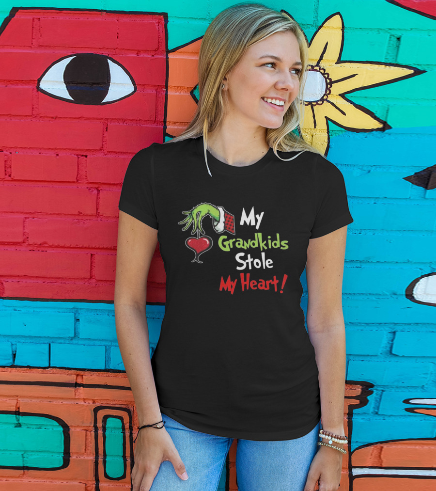 Grinch Green Monster Christmas My Grandkids Stole My Heart Kids Textured Sleeves T-Shirt