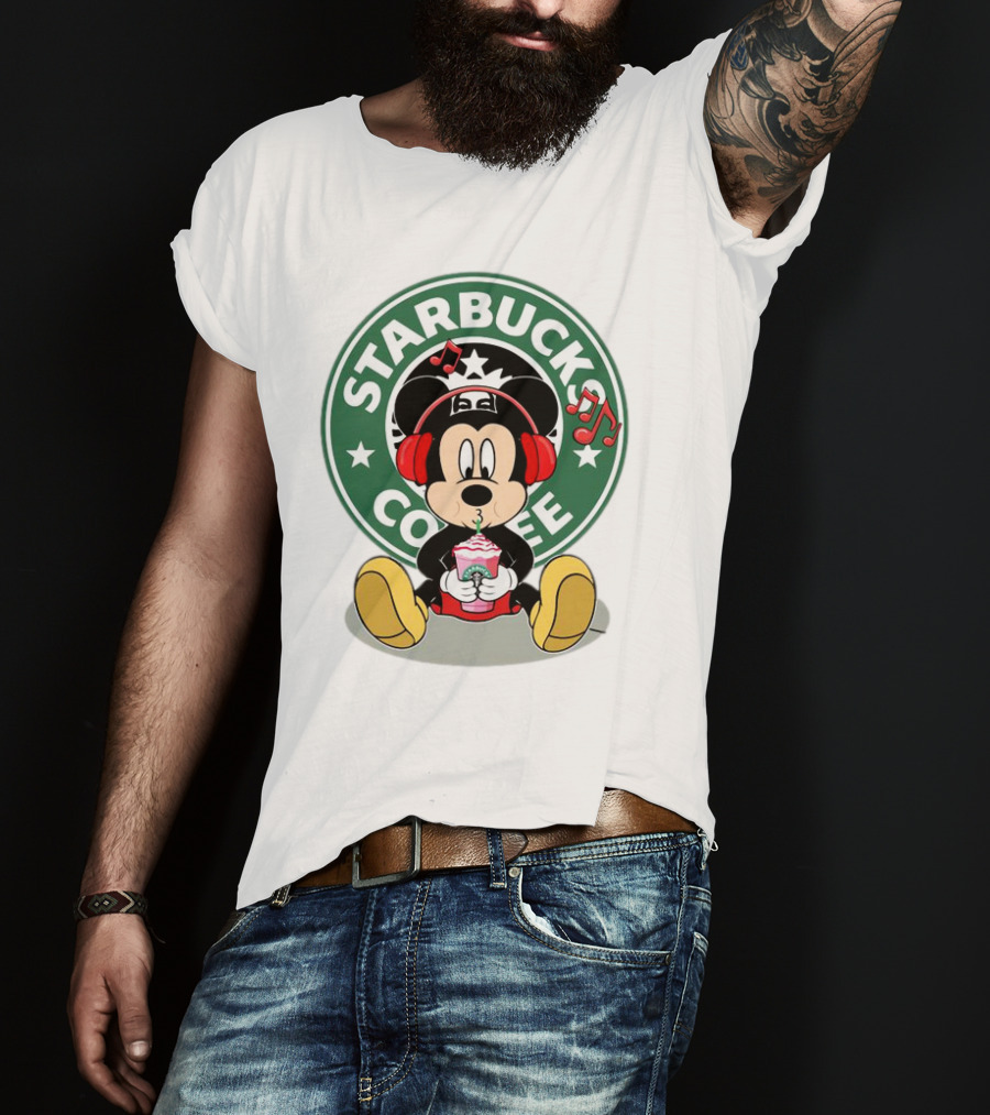 Mickey Mouse Listening To Music With Starbucks Coffee Cup T-Shirt