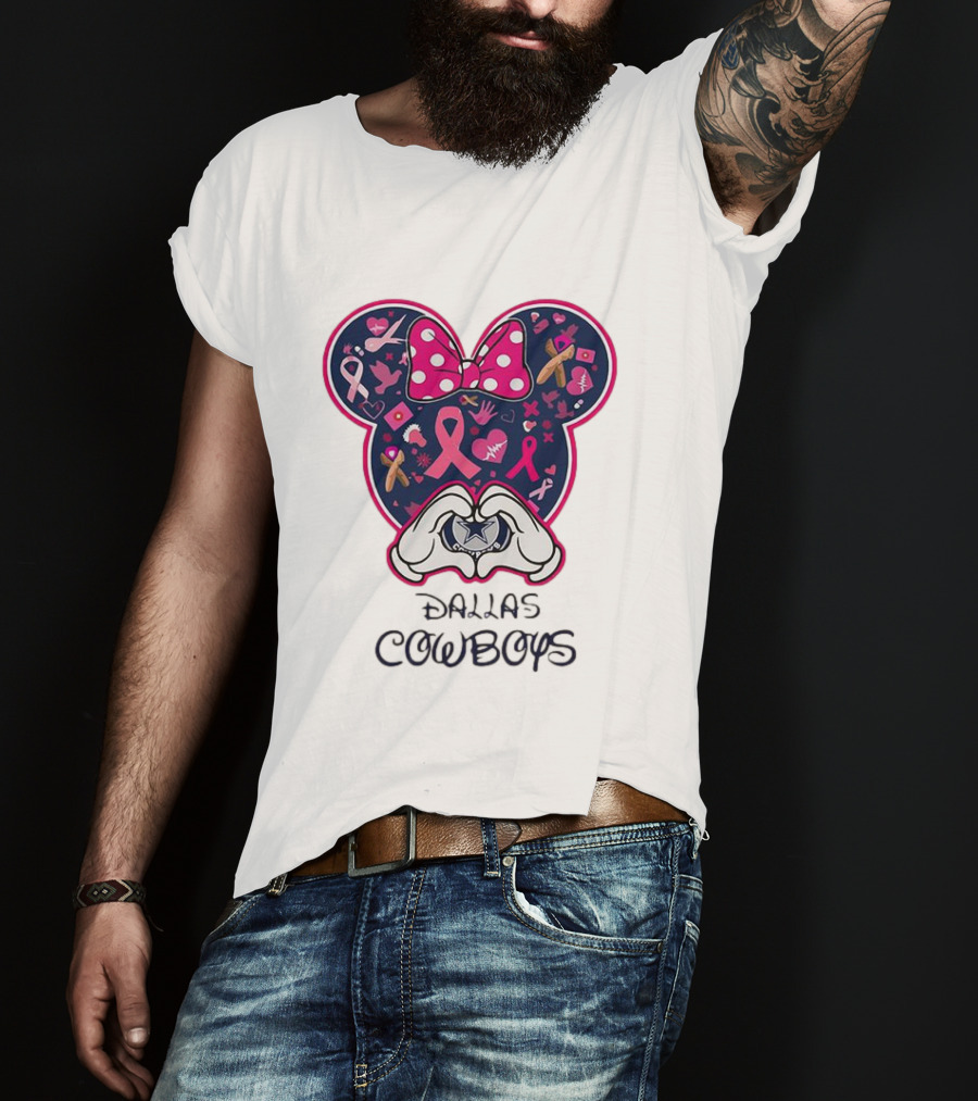 Minnie Mouse Pink Ribbon Heart Hands Dallas Cowboys Breast Cancer Awareness T-Shirt