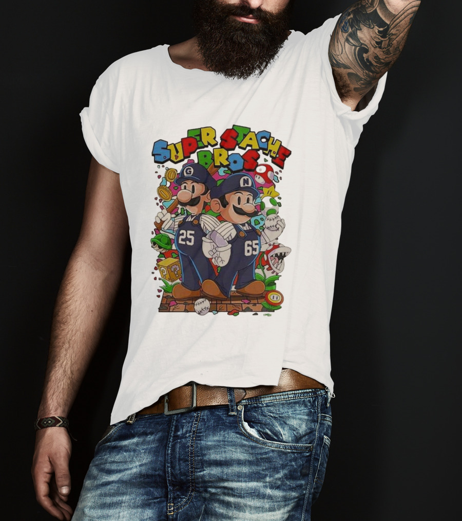 Super Stache Bros Numbers 25 And 65 Baseball Mario T-Shirt