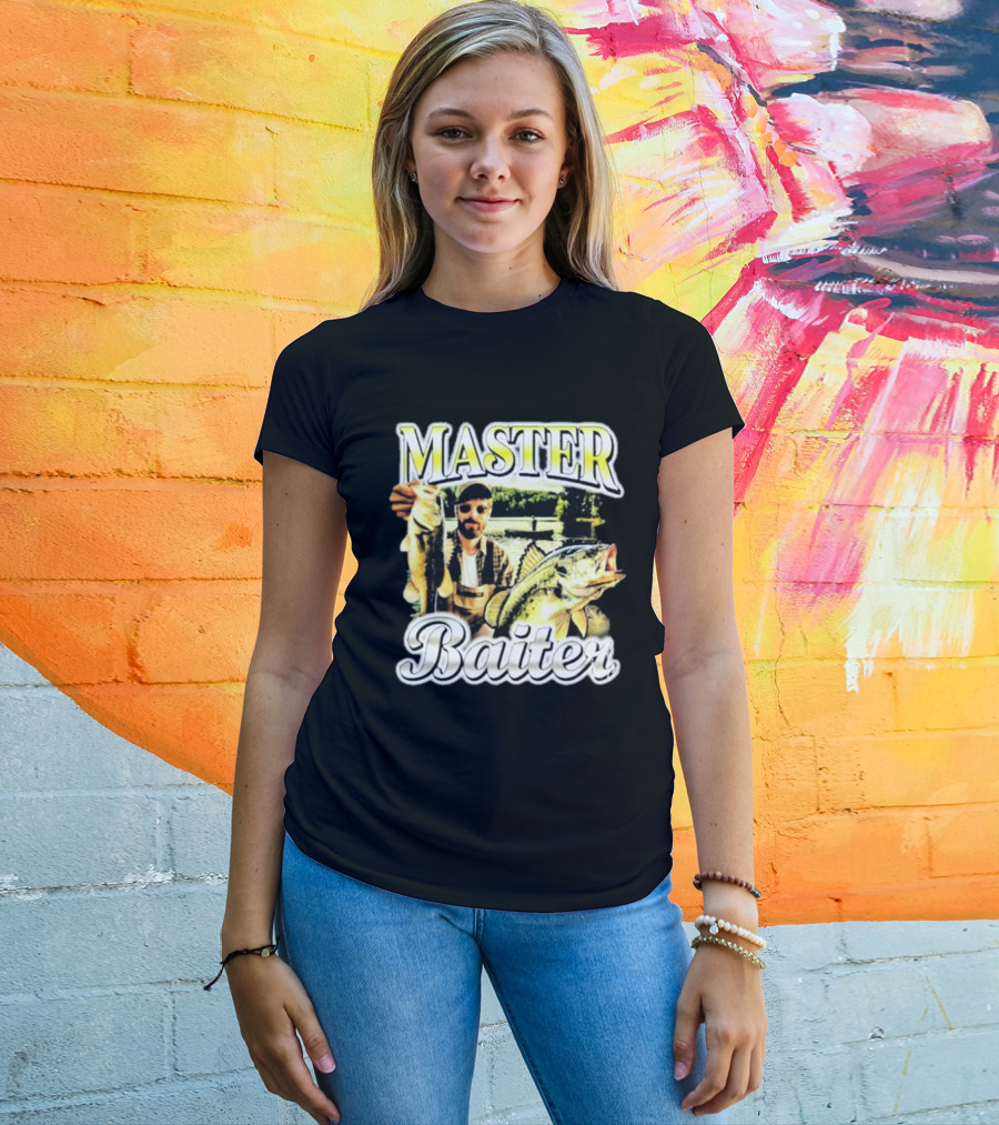 MASTER BAITER Fisherman Holding Fish In Lake Scene T-Shirt