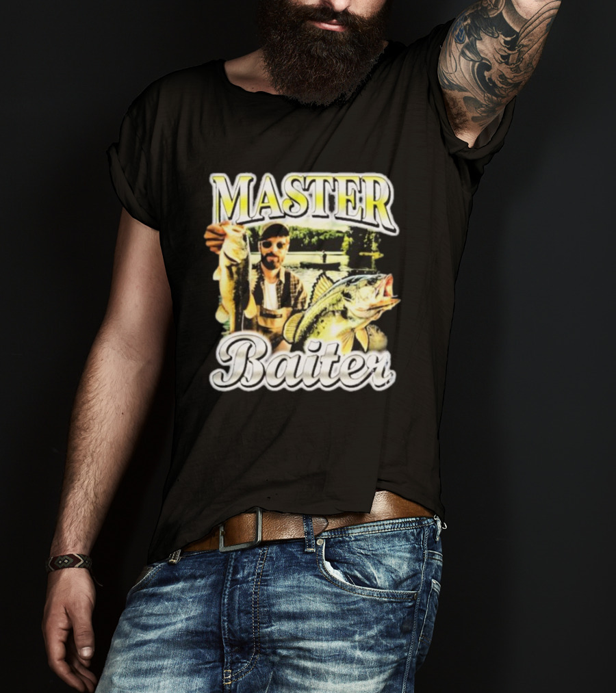 MASTER BAITER Fisherman Holding Fish In Lake Scene T-Shirt