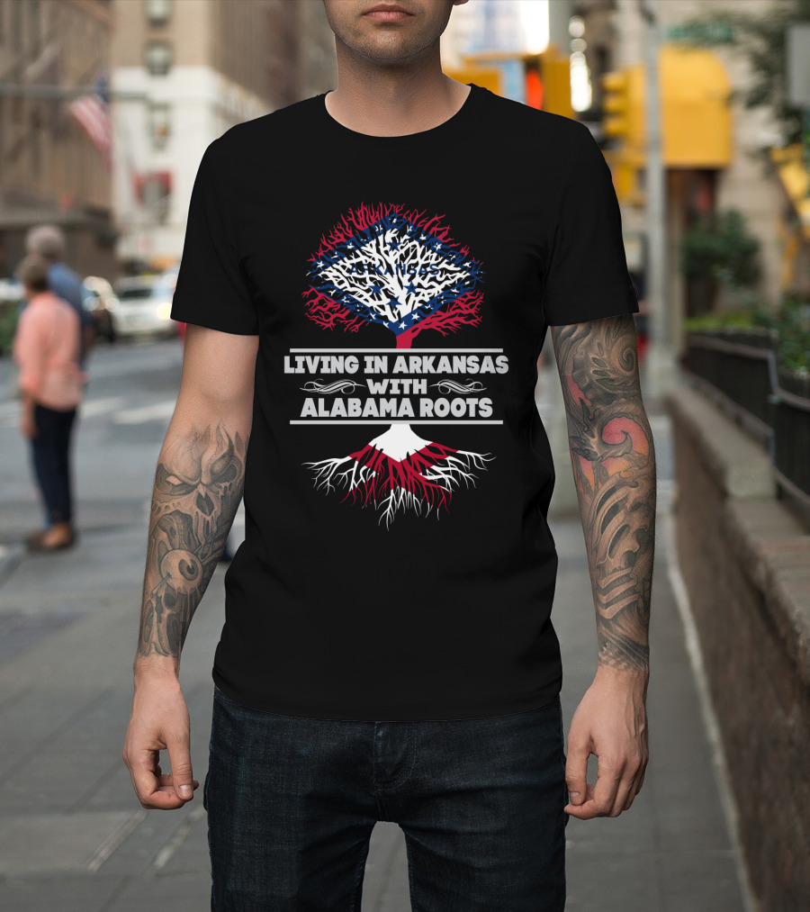 Living In Arkansas With Alabama Roots Tree Design Featuring State Flag Colors And Roots Symbolism T-Shirt
