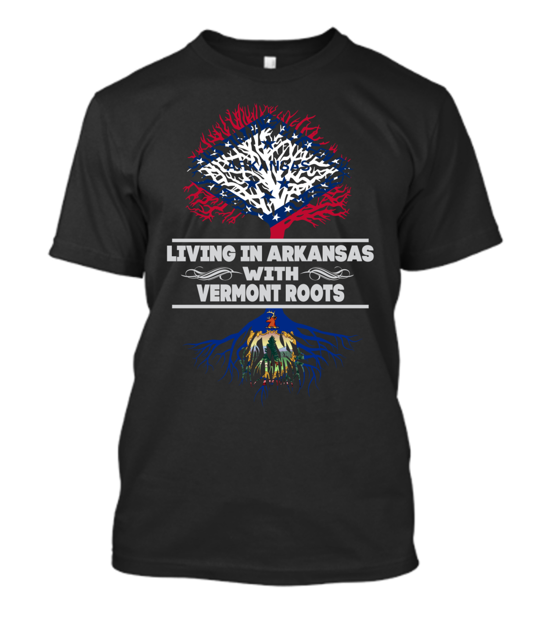 Living In Arkansas With Vermont Roots Tree Design Featuring State Flag Colors T-Shirt