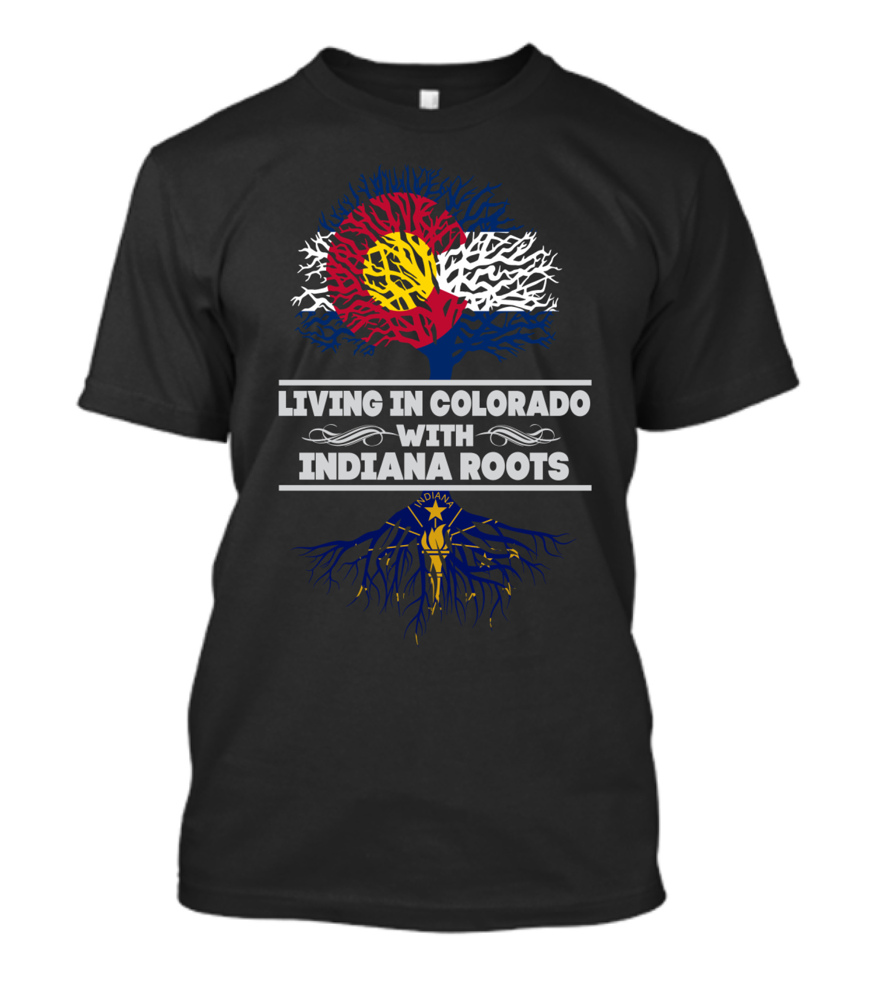 Colorado Flag Tree Growing From Indiana State Roots T-Shirt