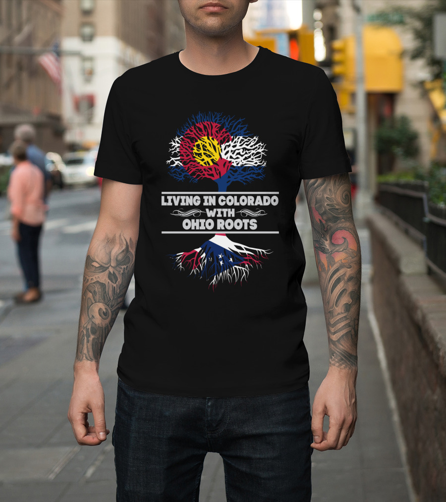 Colorado And Ohio Flag-Themed Tree Graphic Living In Colorado With OHIO Roots T-Shirt
