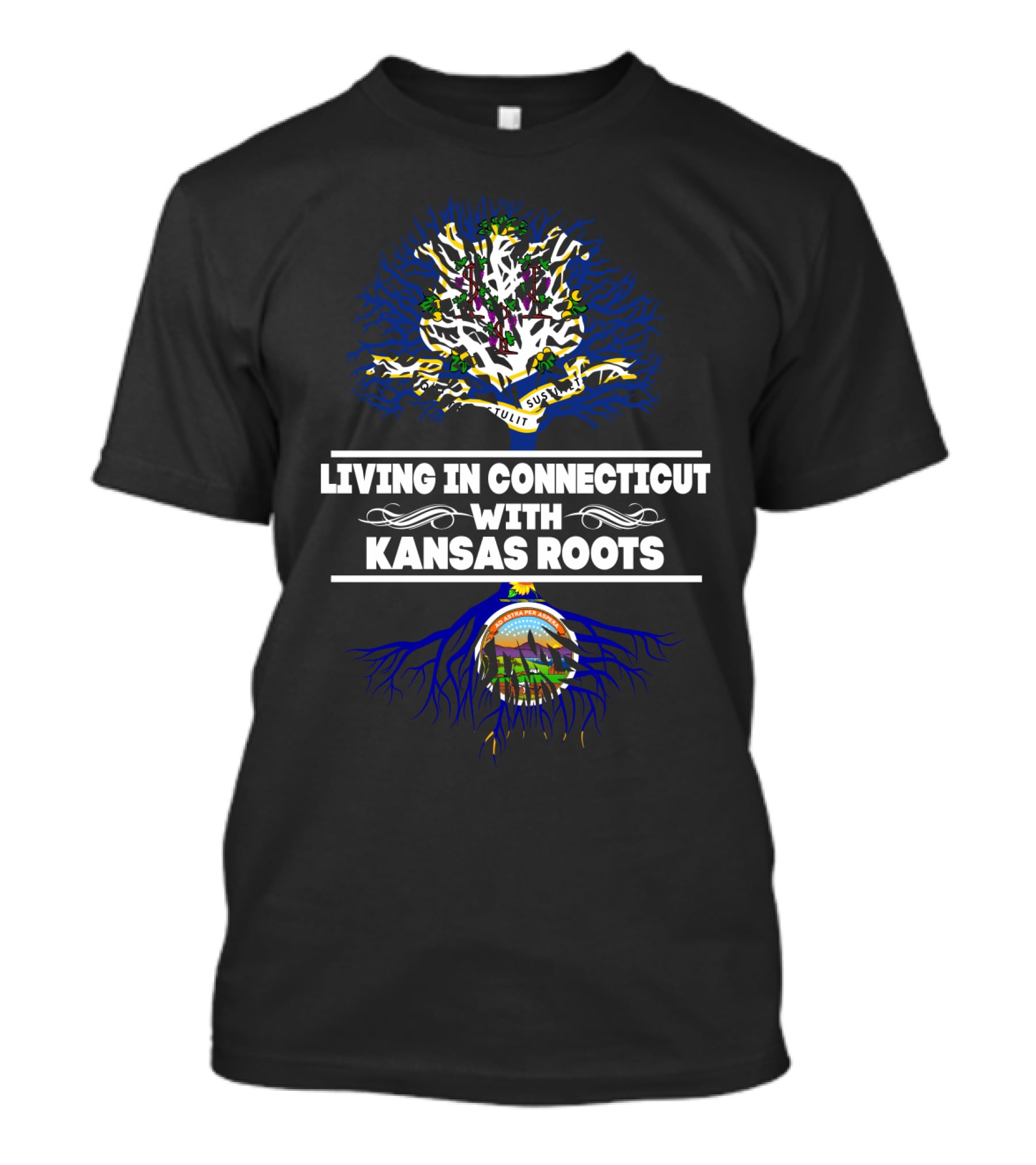 Connecticut Living Kansas Roots Tree Design With State Flags And Symbols T-Shirt