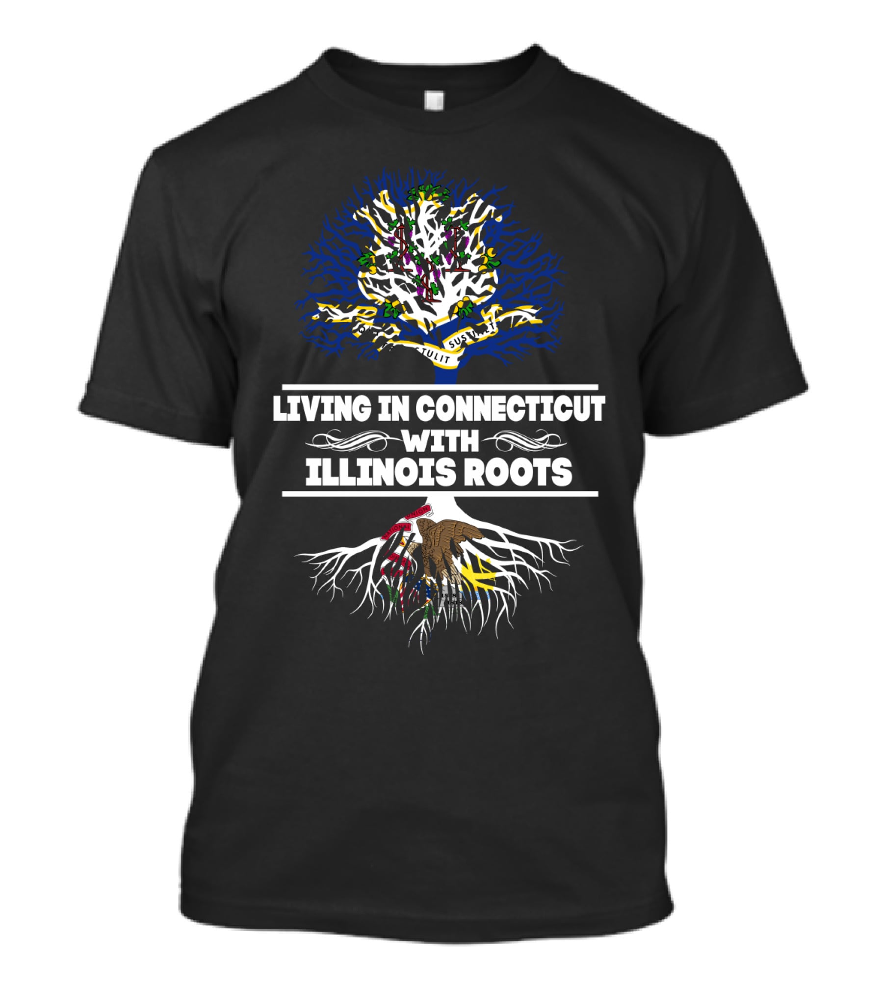 Living In Connecticut With Illinois Roots Tree With State Flag Colors And Seal Symbolism T-Shirt