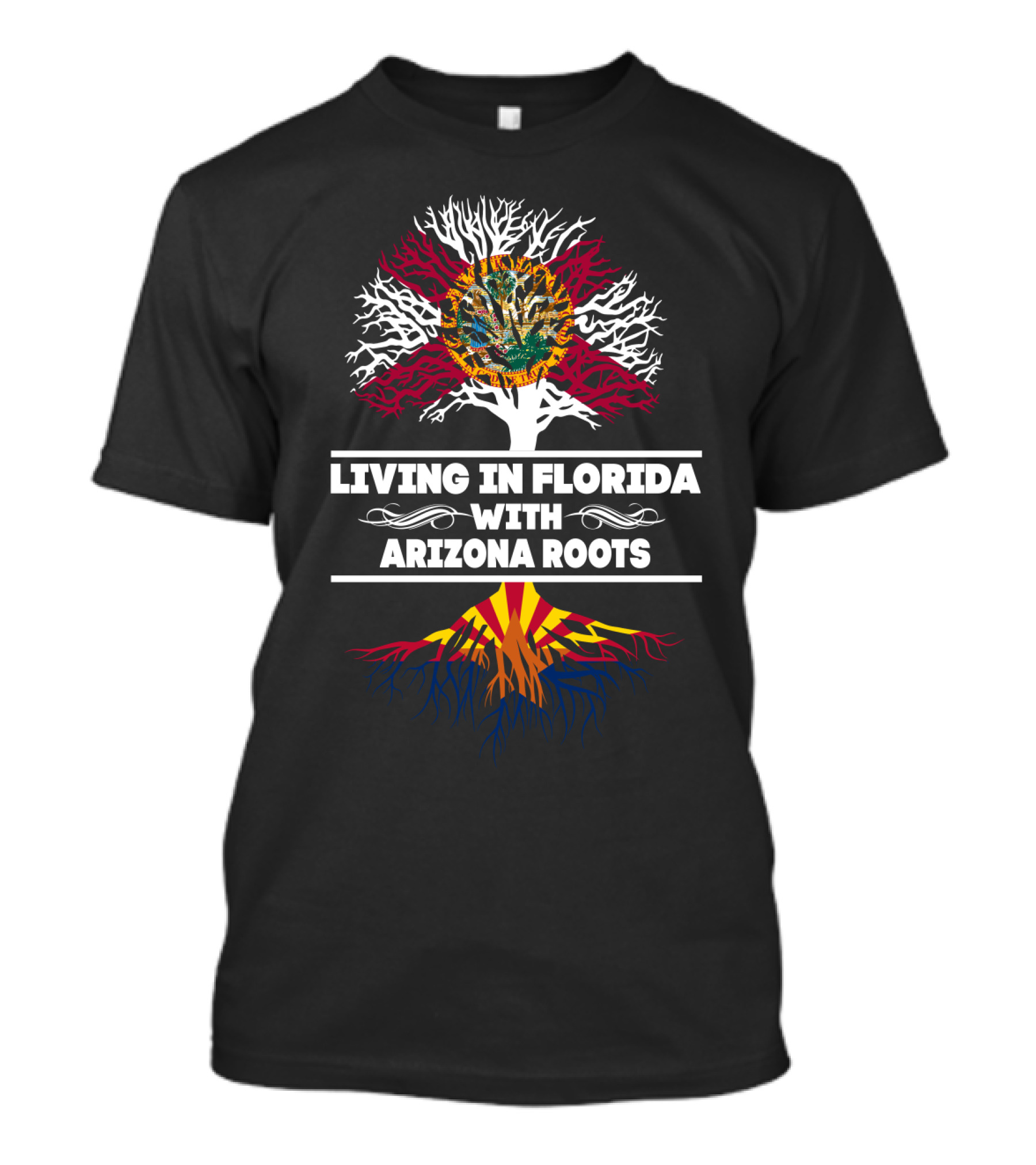 Living In Florida With Arizona Roots Tree Graphic Featuring Florida State Flag And Arizona State Flag Colors T-Shirt