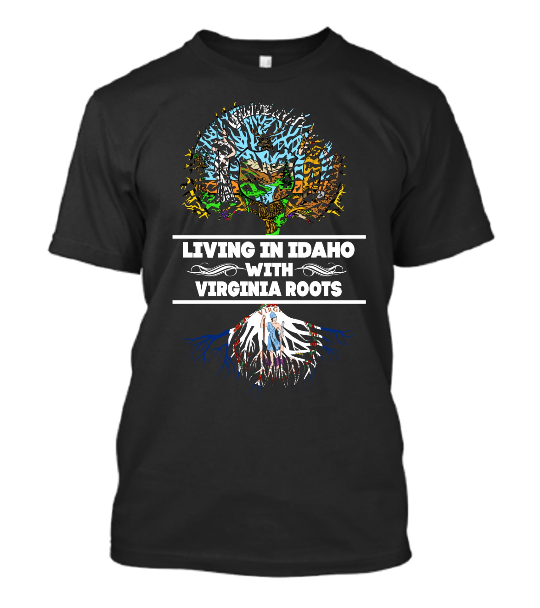 Idaho Living Virginia Roots Tree Design With Virginia State Flag Elements T-Shirt
