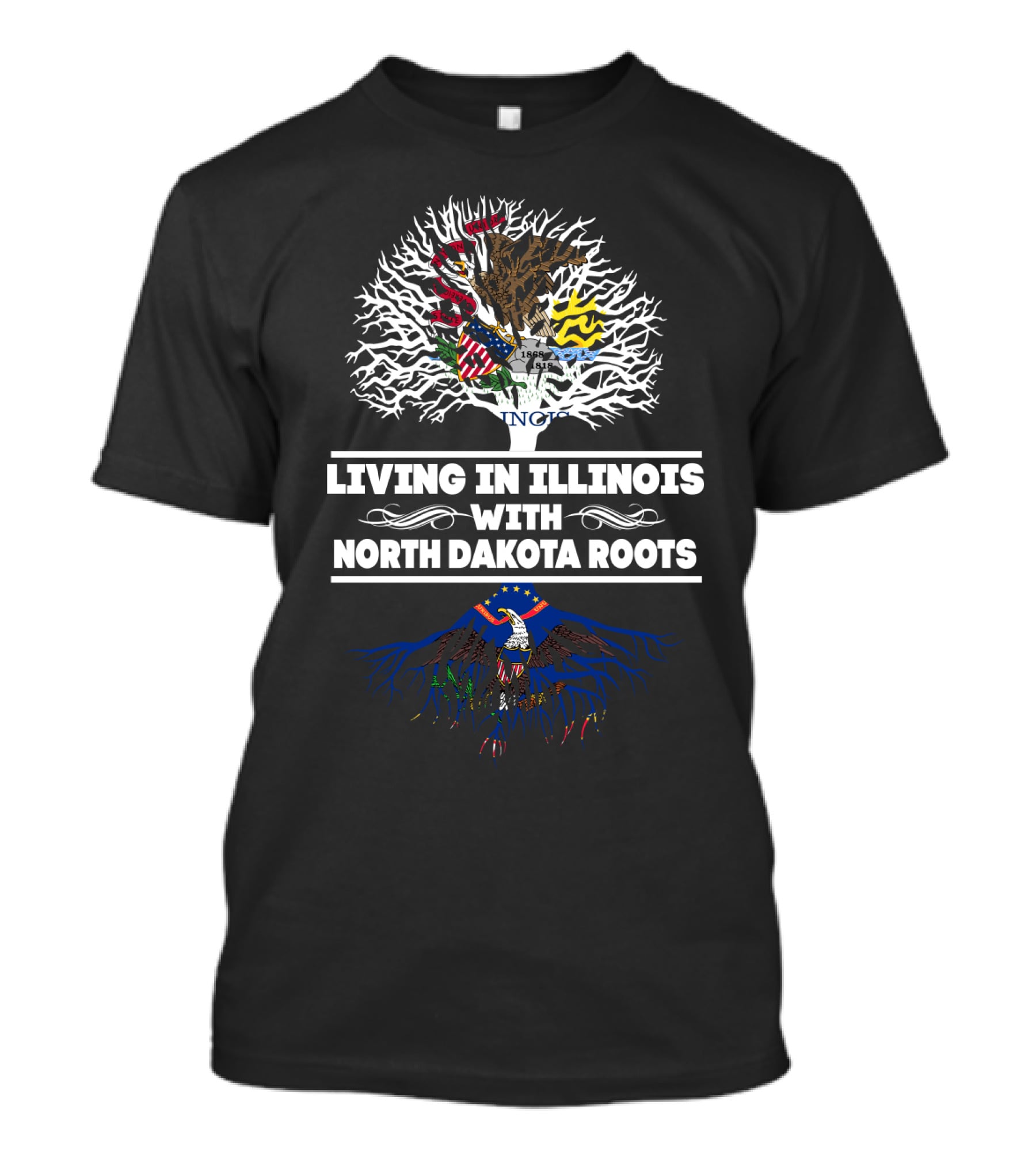 Living In Illinois With North Dakota Roots State Flags Tree T-Shirt