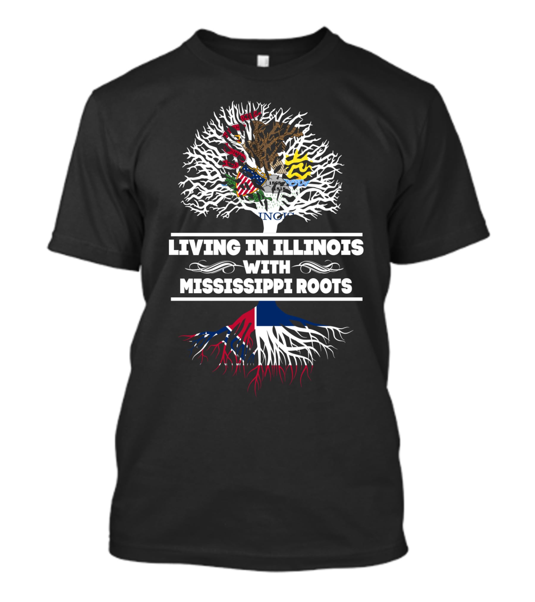 Illinois And Mississippi Heritage With State Emblems And Roots Motif T-Shirt