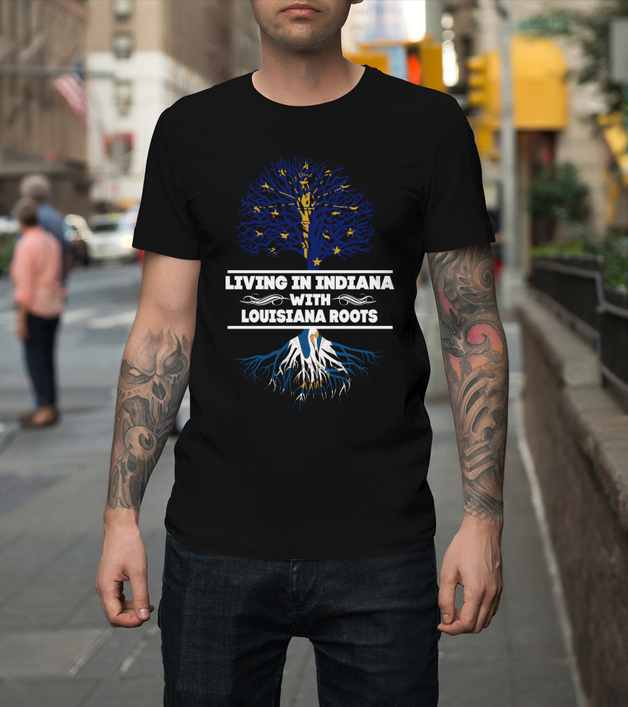 Living in Indiana with Louisiana Roots Blue and Gold Tree with Stars and White Roots T-Shirt