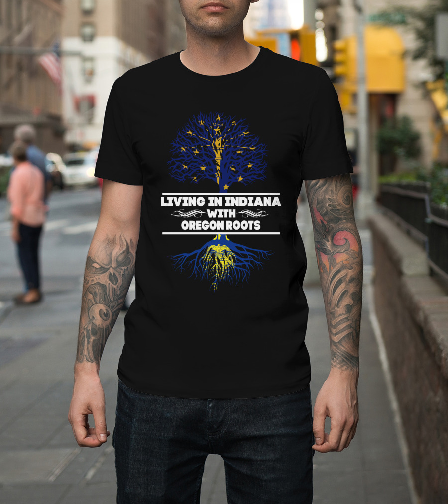 Living In Indiana With Oregon Roots Blue And Yellow Tree Design Stars And Roots T-Shirt