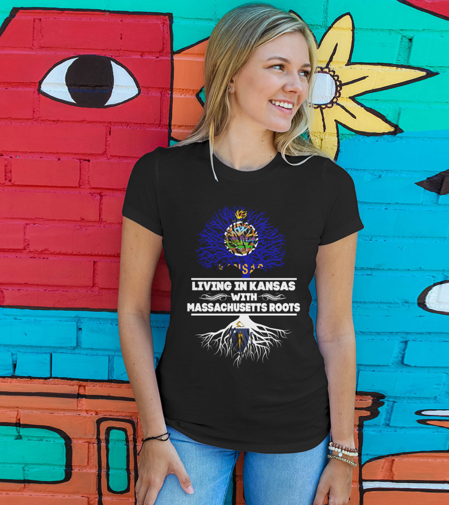 Living In Kansas With Massachusetts Roots Kansas Flag Tree Design Massachusetts Flag Roots T-Shirt