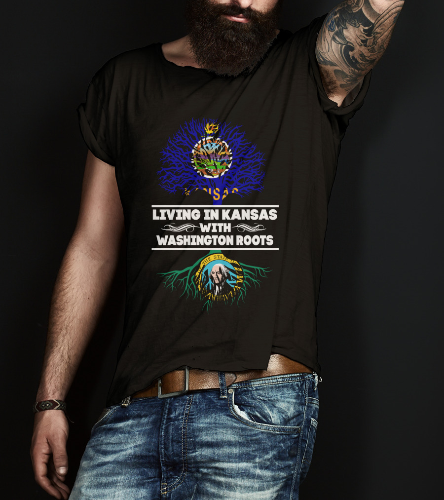 Kansas State Flag Over Washington State Seal Roots: Living In Kansas With Washington Heritage T-Shirt