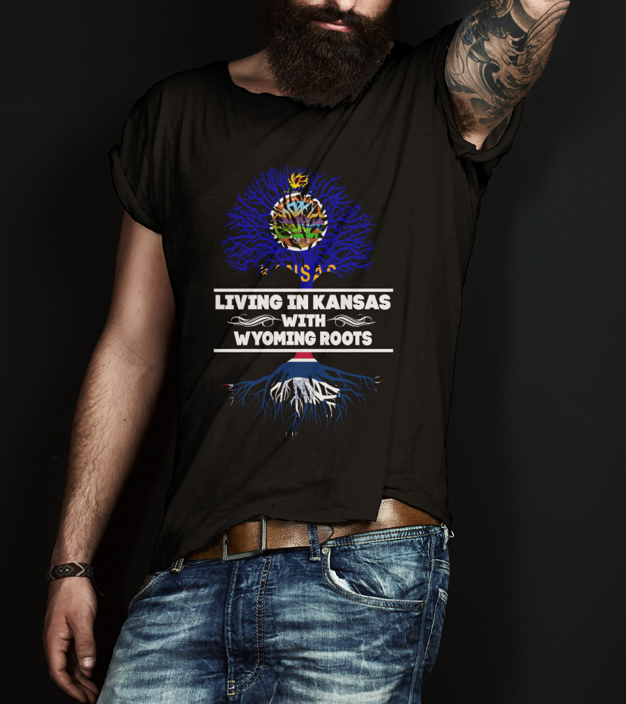 Kansas State Emblem On Blue Tree With Wyoming Flag Roots Connection T-Shirt
