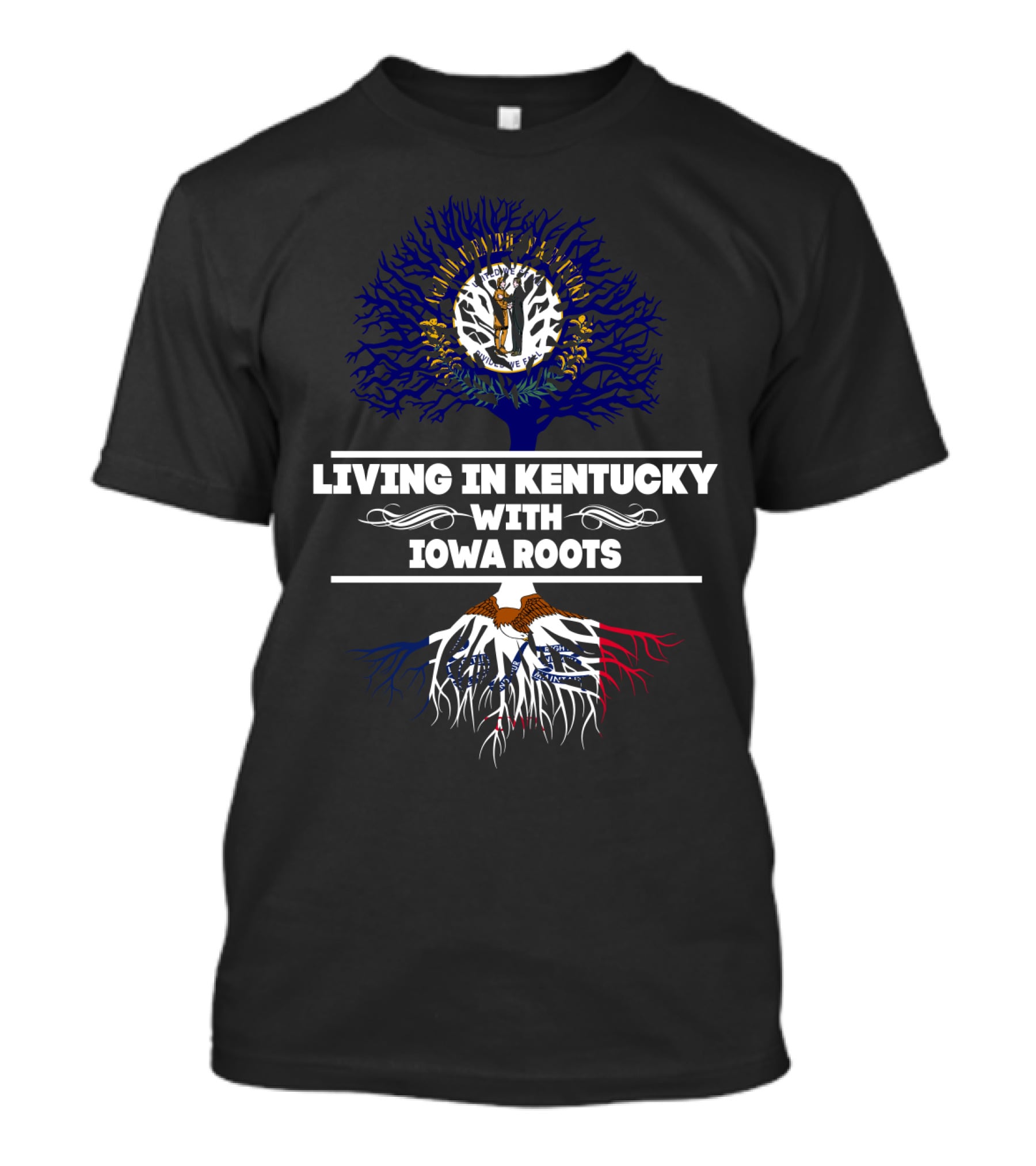 Living In Kentucky With Iowa Roots Tree Design With Blue And Red Elements T-Shirt