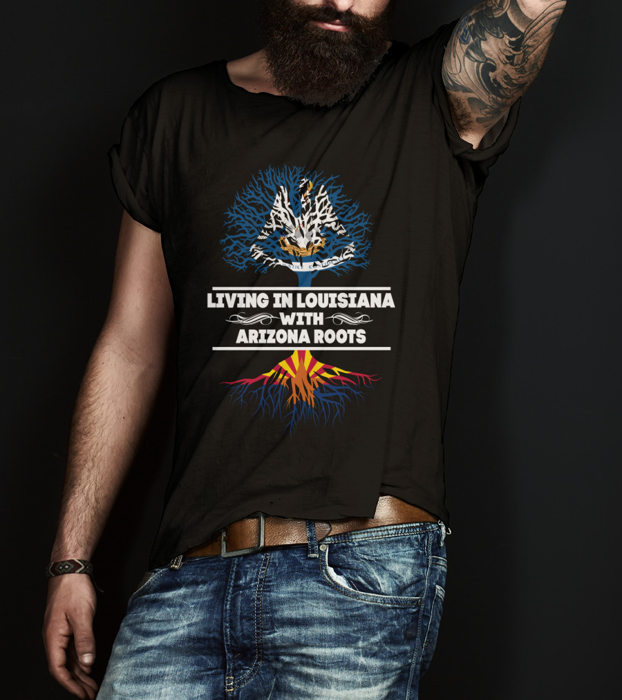 Living In Louisiana With ARIZONA Roots Louisiana State Bird Pelican And Arizona Flag Colors Tree T-Shirt