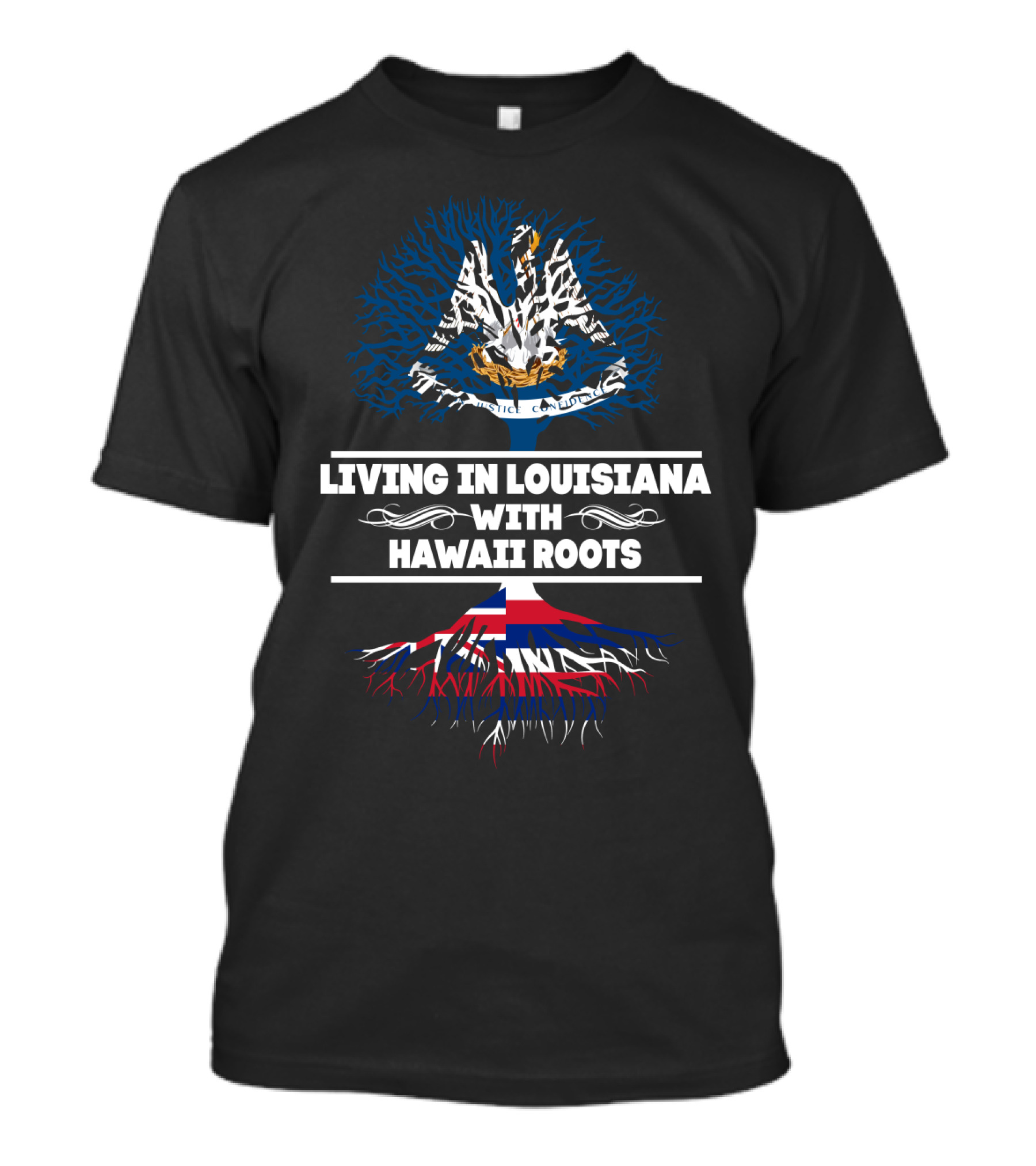 Living In Louisiana With Hawaii Roots Featuring Pelican And Hawaiian Flag-Themed Tree T-Shirt