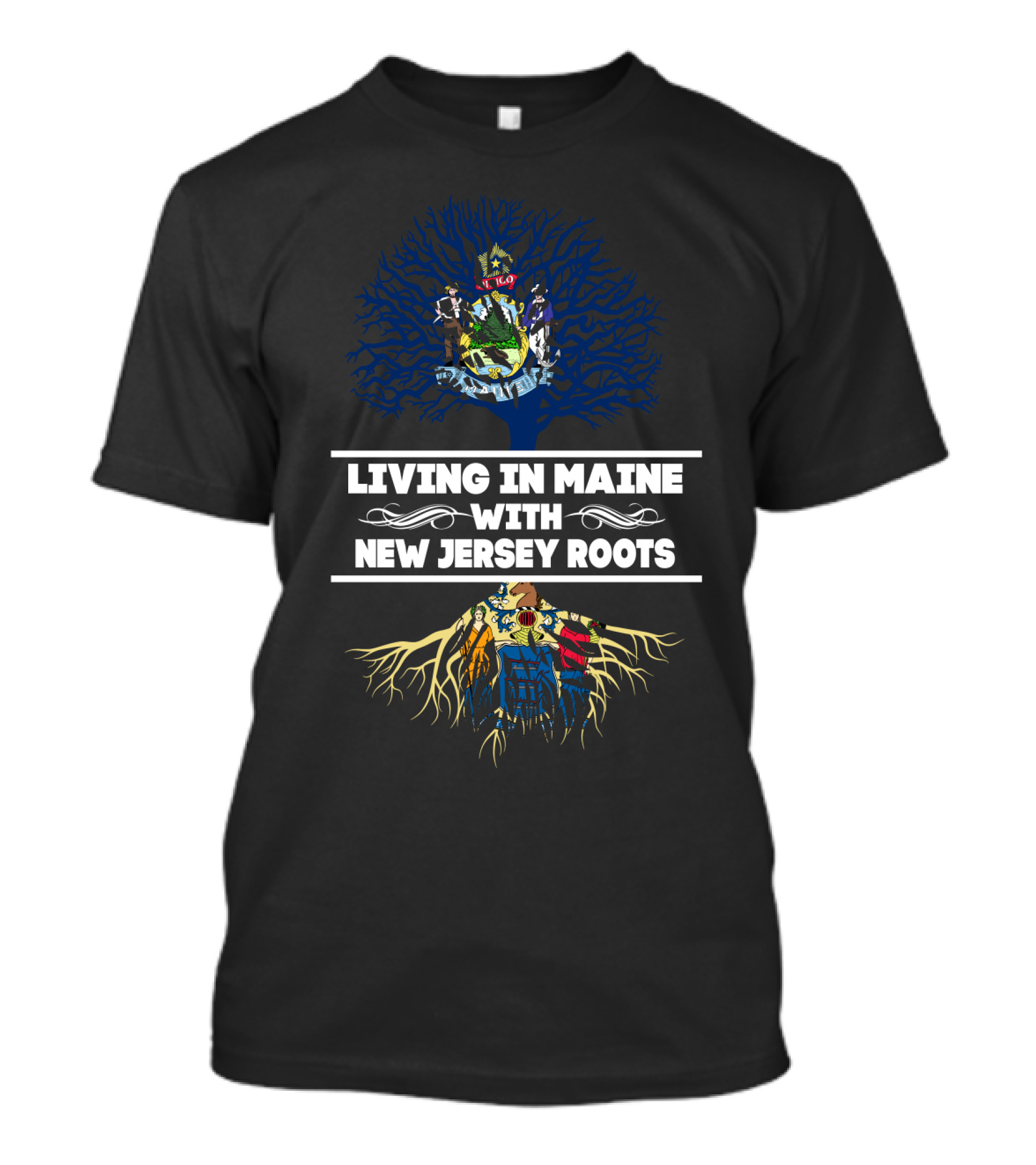 Living In Maine With New Jersey Roots Tree Design With State Symbols T-Shirt