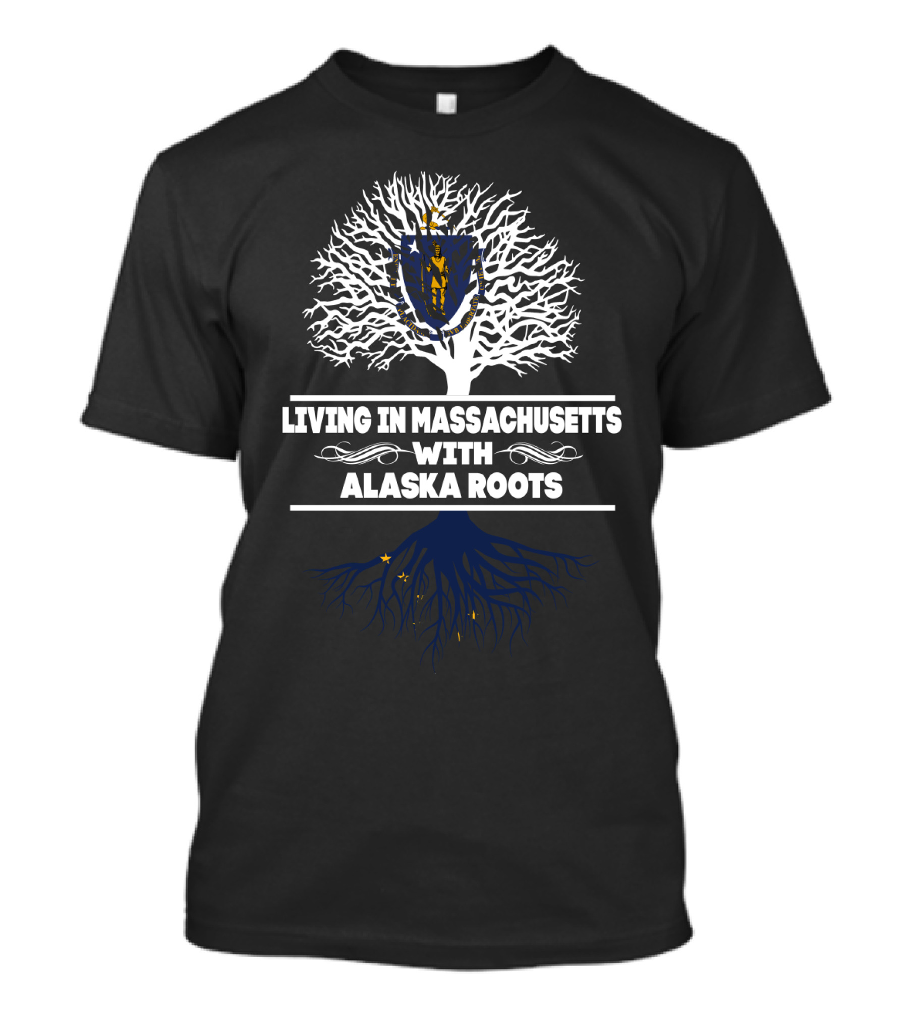 Massachusetts Living With Alaska Roots Tree Graphic Featuring State Symbols And Flags T-Shirt