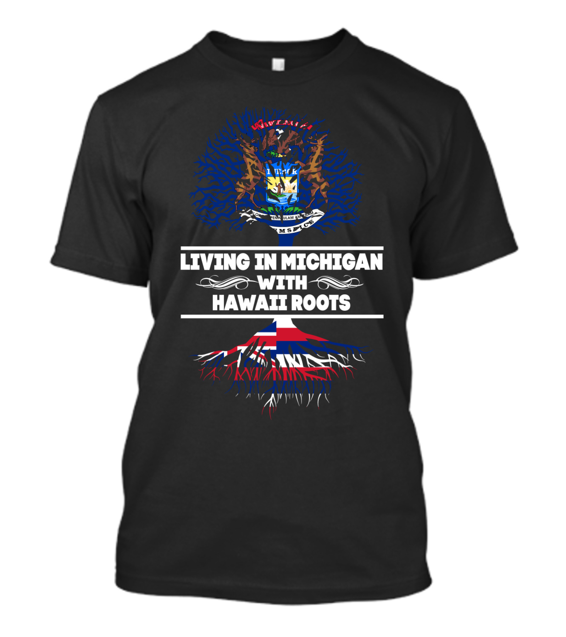 Michigan State Emblem With Hawaiian Flag Roots Symbolizing Connection Between Michigan Living And Hawaii Heritage T-Shirt