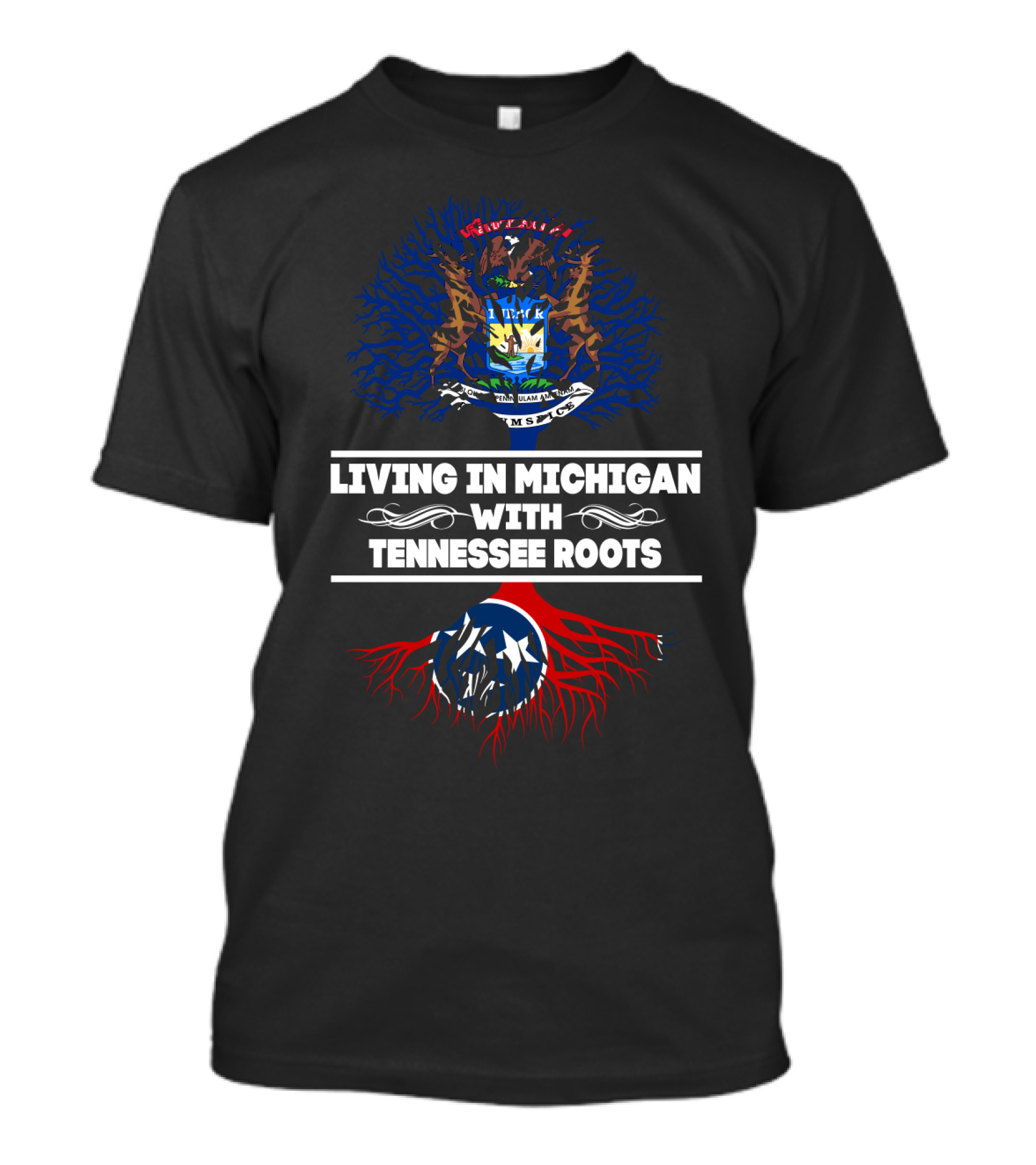Michigan State Emblem With Tennessee Flag Roots - Living In Michigan With Tennessee Roots T-Shirt