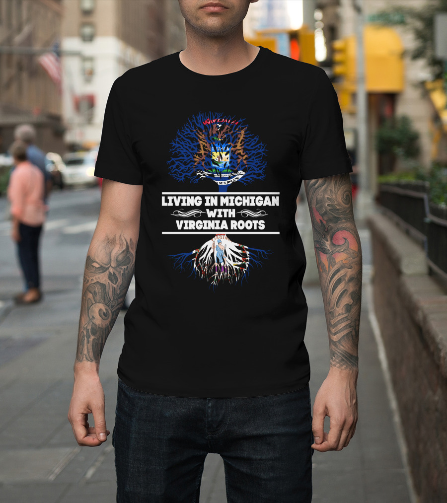 Living in Michigan With Virginia Roots Embracing State Pride Through Heraldic Symbols and Tree T-Shirt