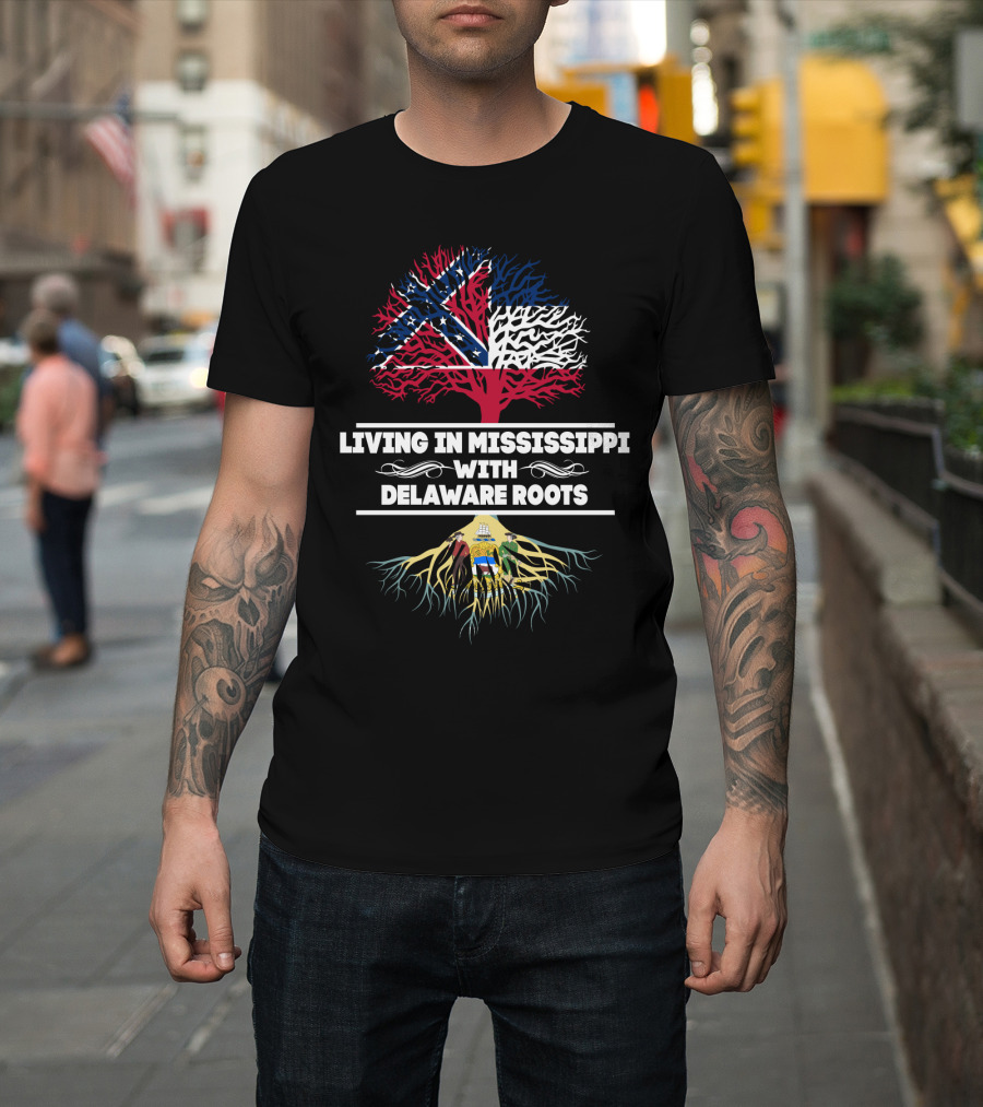 Living in Mississippi With Delaware Roots Confederate and Delaware Flags Tree T-Shirt