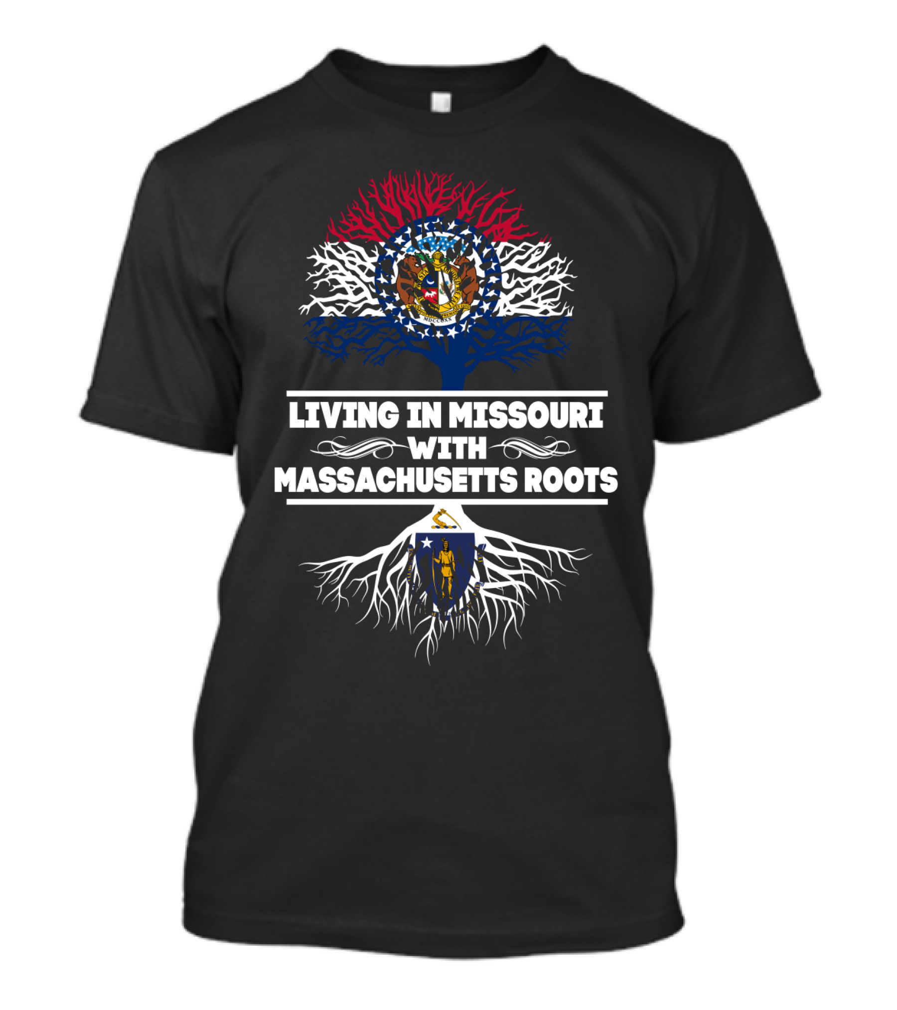 Missouri State Pride With Massachusetts Roots Symbolism Featuring State Flags And Tree T-Shirt